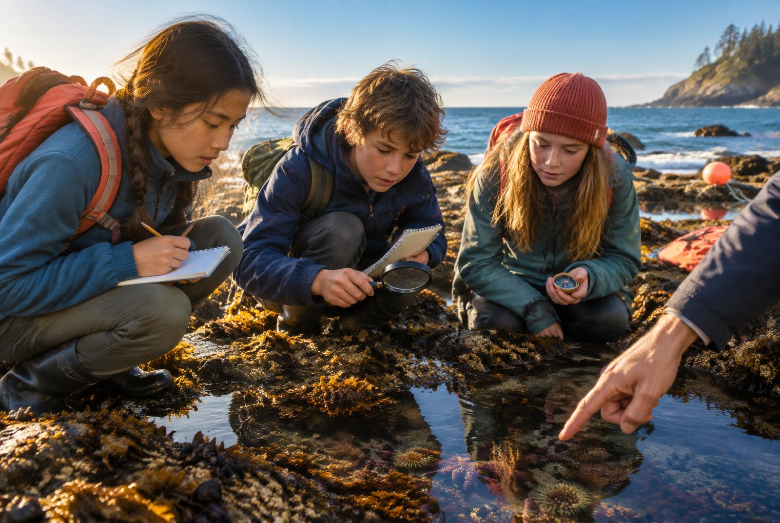 Students exploring a coastal tide pool with notebooks, magnifying glasses, and a compass