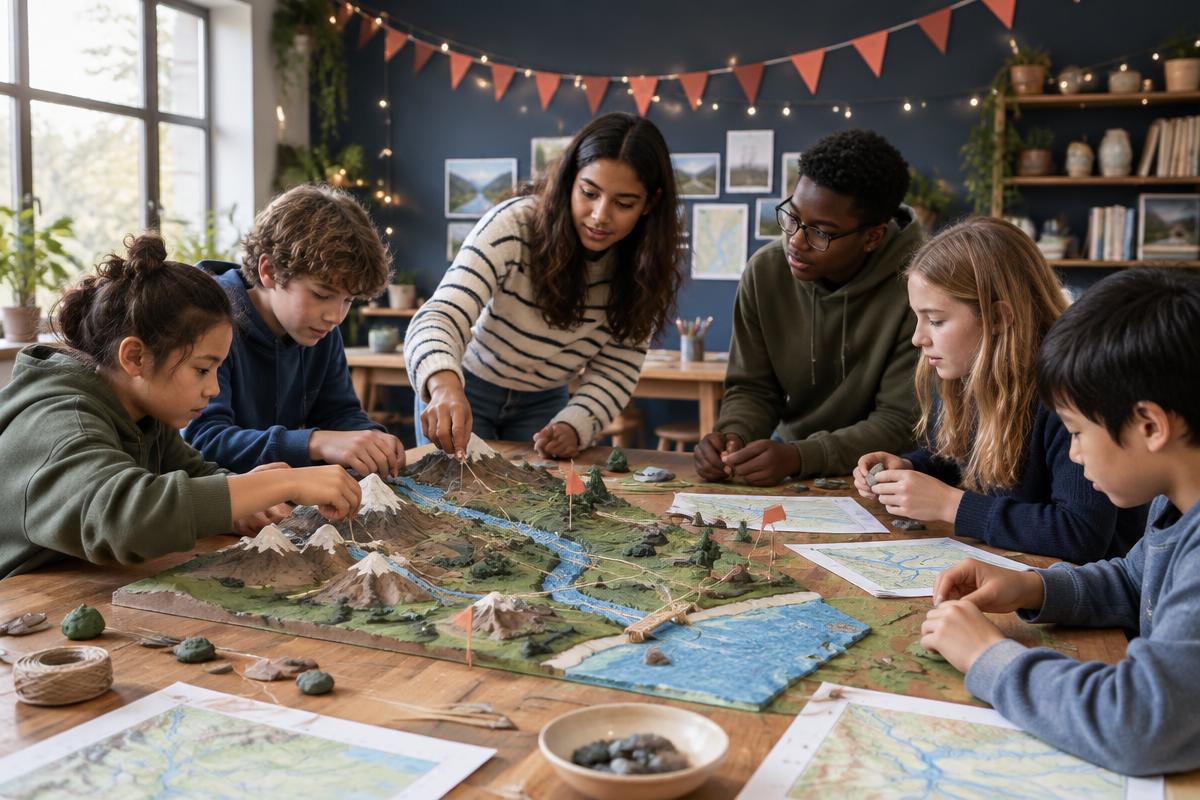 Students collaborating on a hands-on watershed model in a Wayfinder lab-day studio